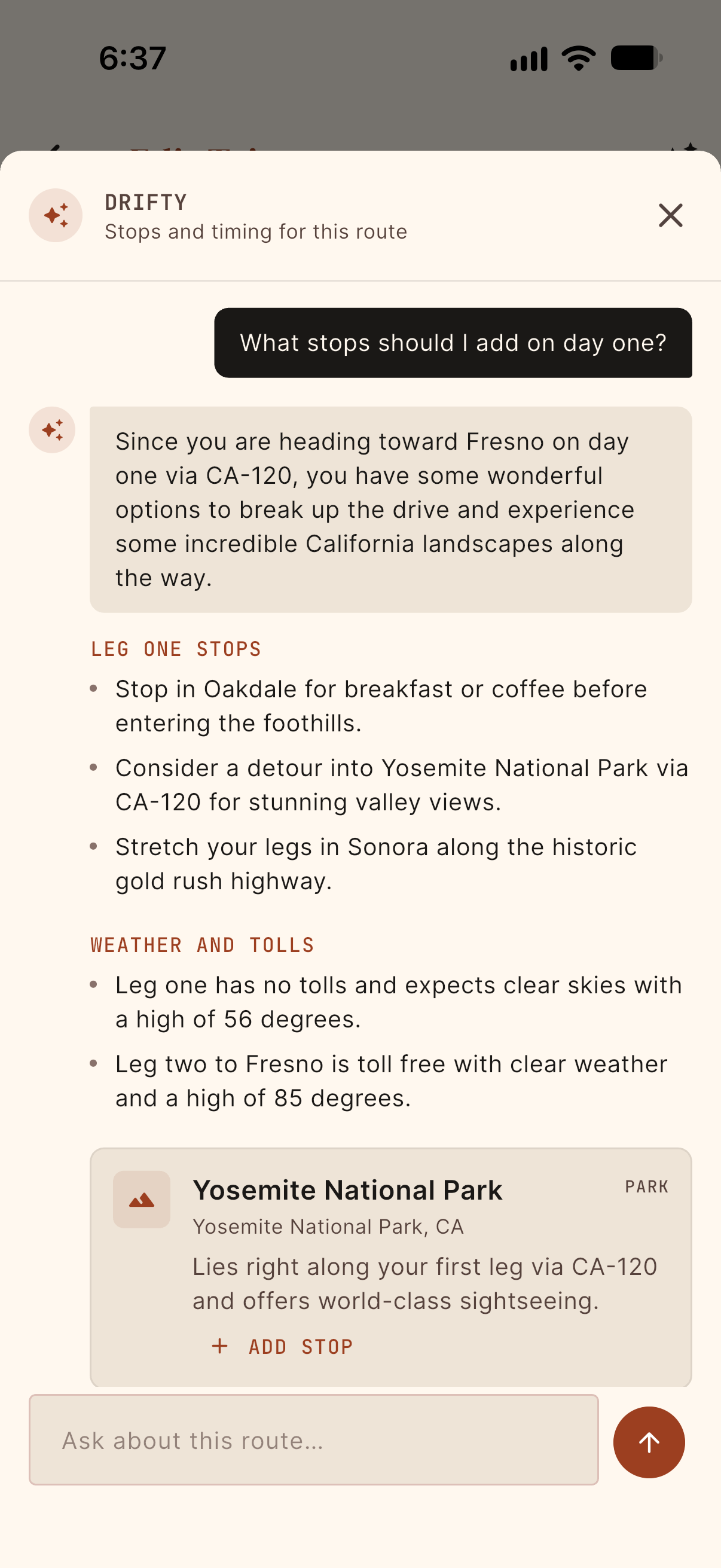DriftKin app screen: Drifty, your AI co-pilot. Tell it roughly what you want and it suggests a route. Parks are checked against the National Park Service list, and anything it can't confirm is marked. Included with Pro.