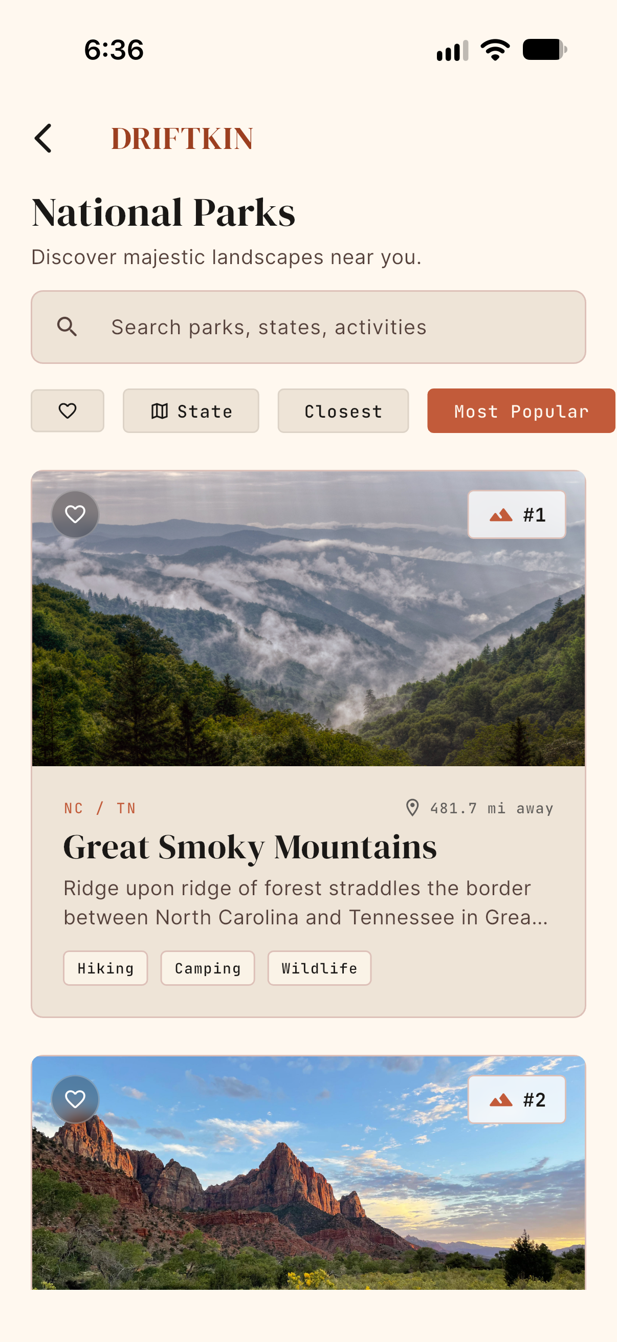 DriftKin app screen showing national parks along a planned route