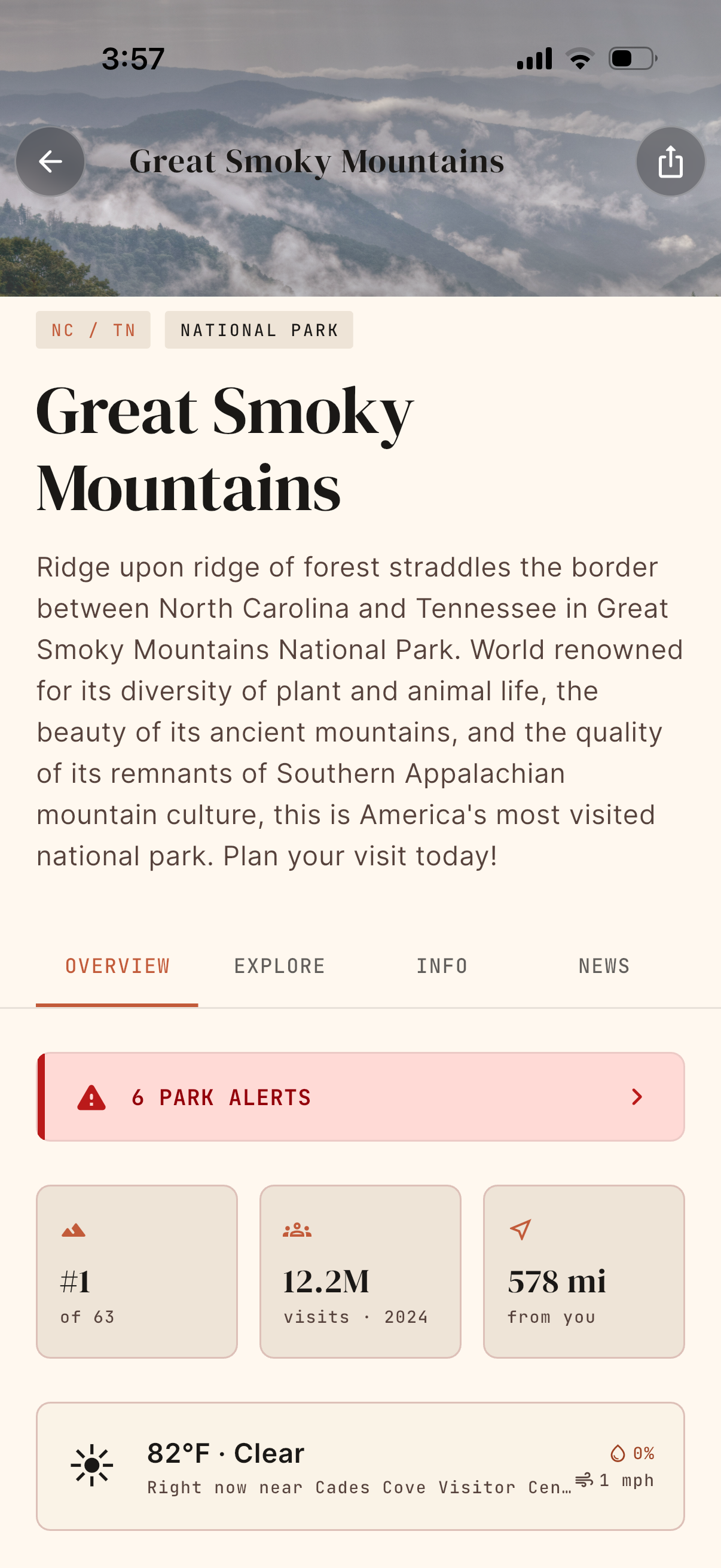 DriftKin app screen showing a national park's hours, fees and highlights