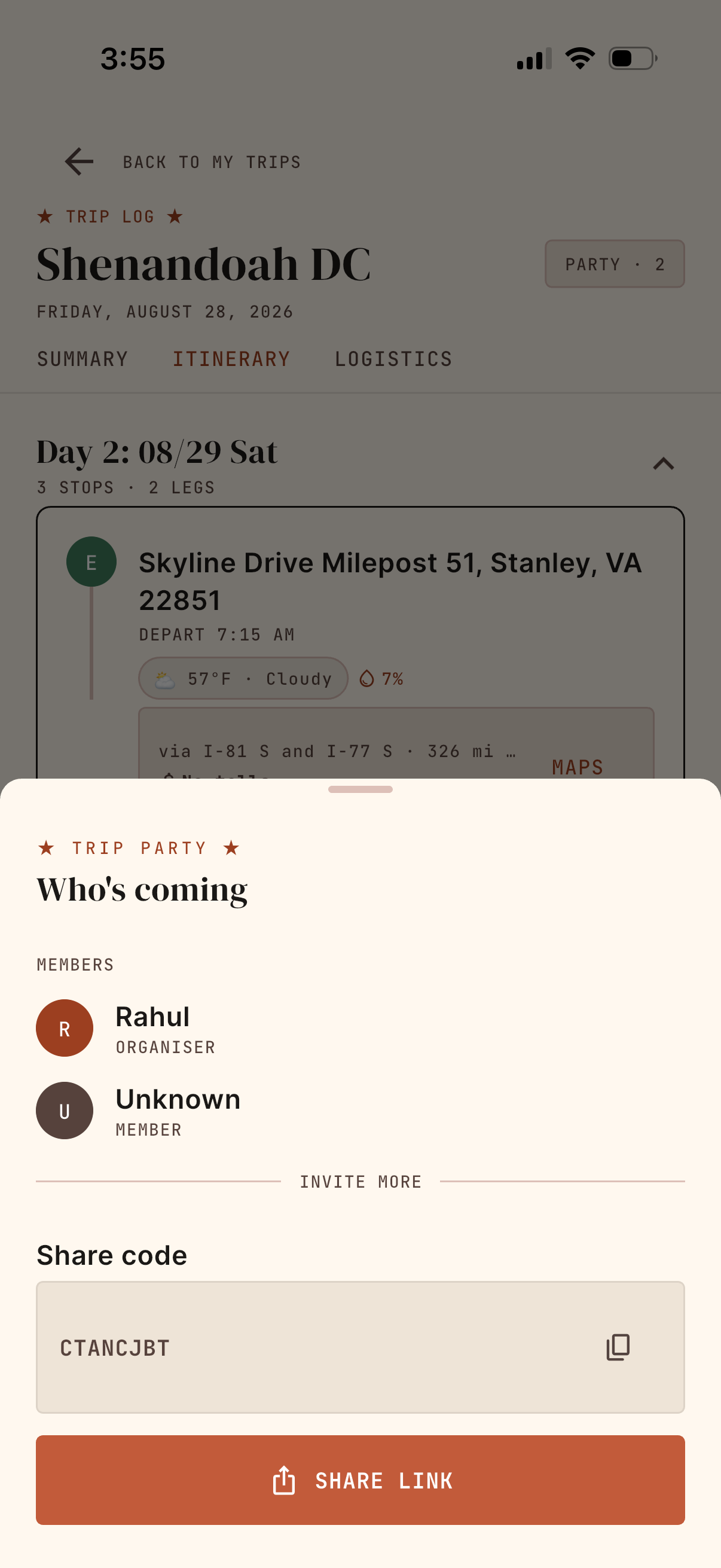 DriftKin app screen showing a trip being shared with an invite link
