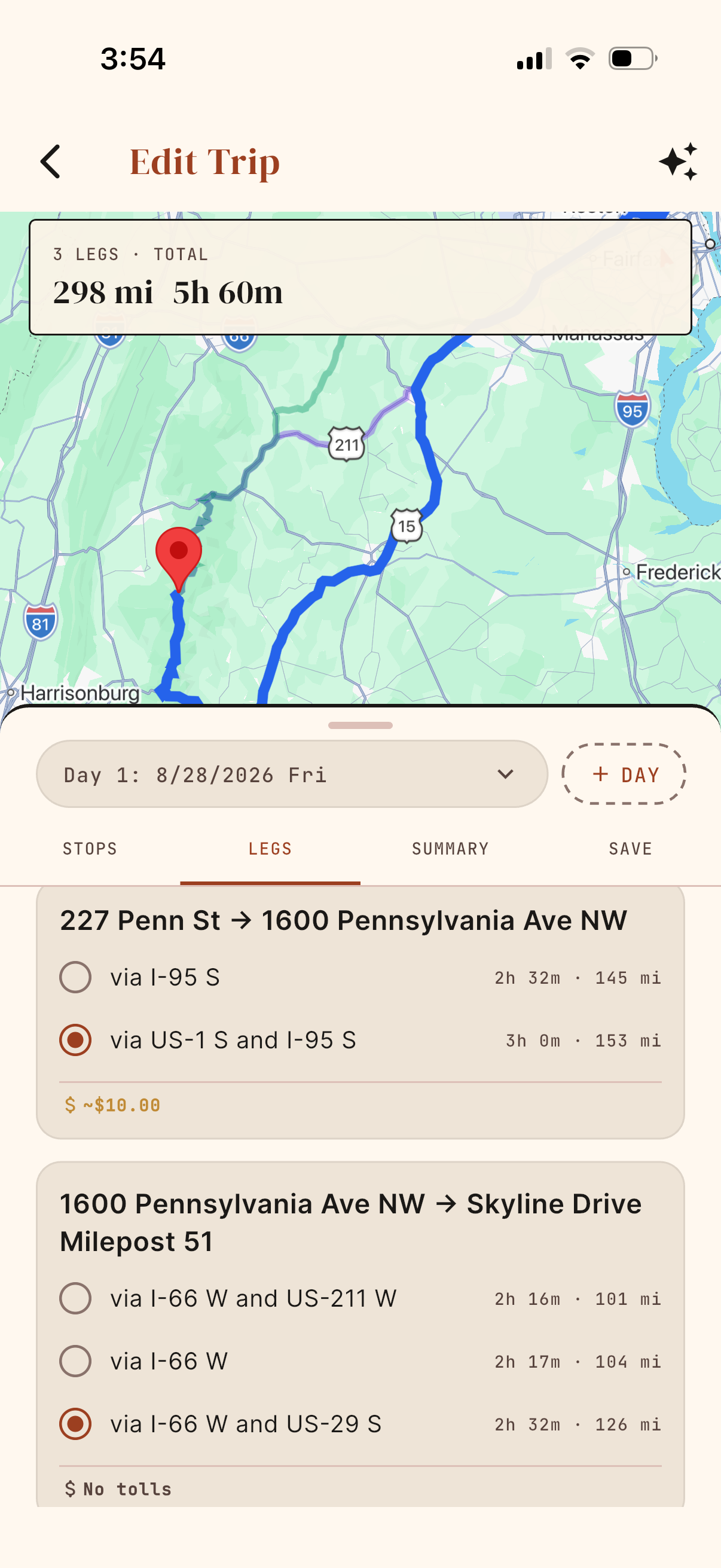 DriftKin app screen showing a route with stops and alternative roads