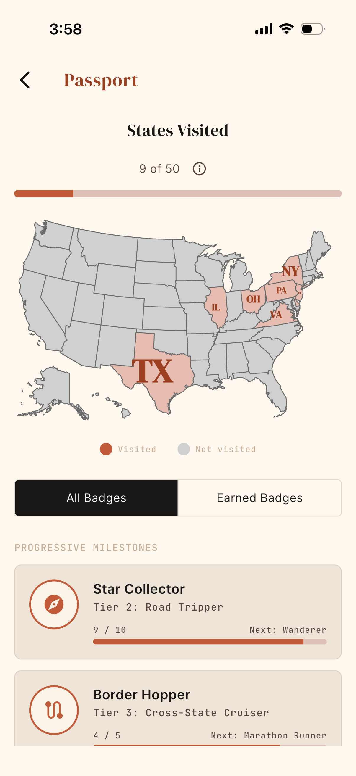 DriftKin app screen showing collected national park stamps